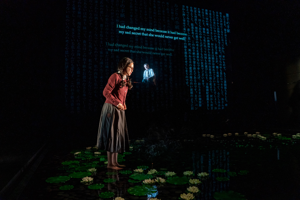 the complex but simple set of the Hunting Gun. Miki Nakatani, in glasses and somber dress, stands on a circle of water lilies on the stage as Baryshnikov sits behind a scrim above her looking on, words are beautifully projected on a screen but it seems like they are hanging in the air